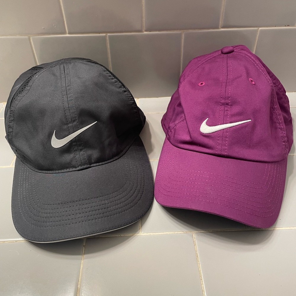 Two Nike Dri-Fit hats, Gray & Fuchsia color